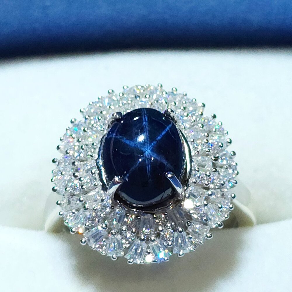 Blue Star Sapphire & Moissanite cocktail ring in Platinum over 925 SS 5.80ct sz8